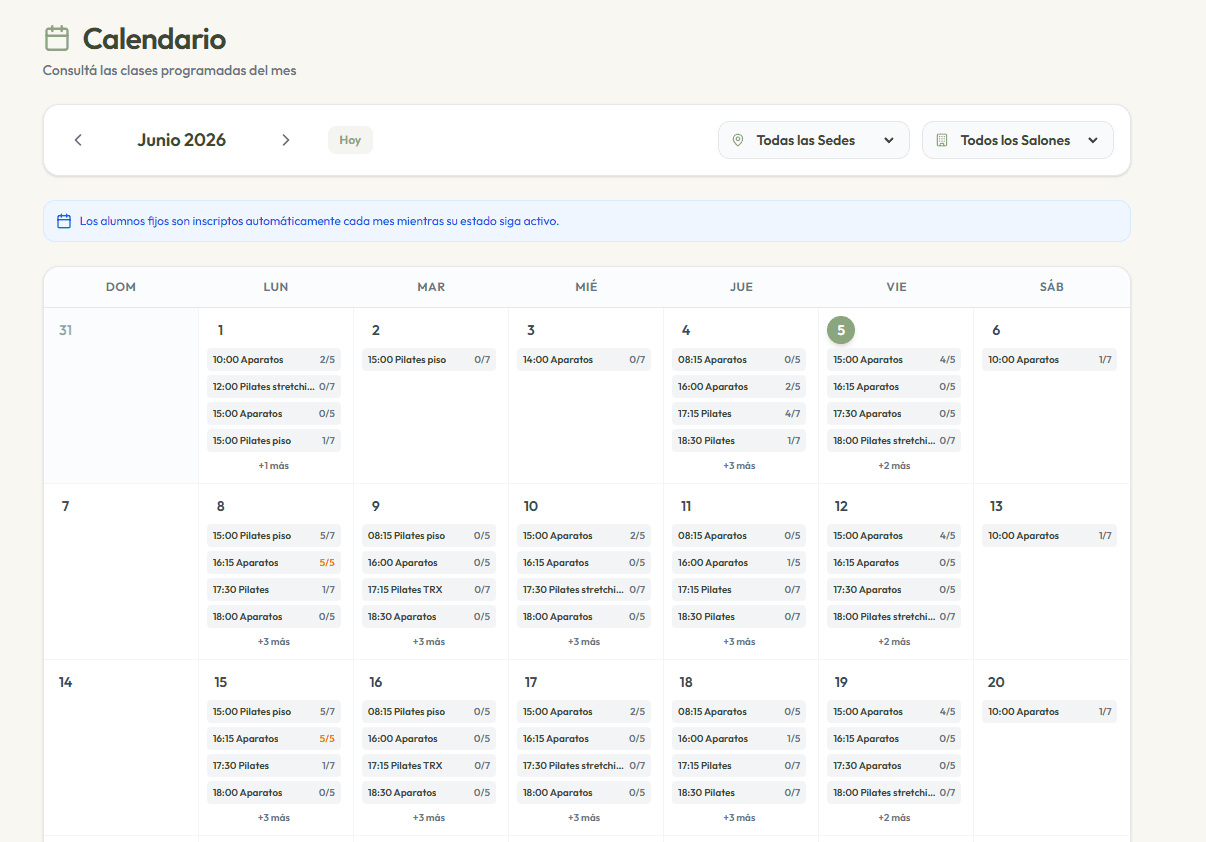 Calendario de clases Mystudio